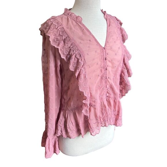 H&M Size 10 Pink Long Sleeve Ruffled Button Down Top Blouse - Picture 5 of 8